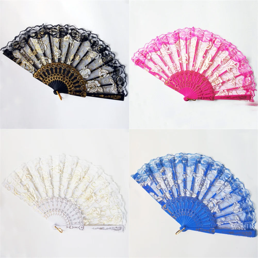 Leque clássico de renda rosa, leque dobrável de mão para dança das mulheres, flamenco espanhol, festa de casamento, acessórios de verão, presente