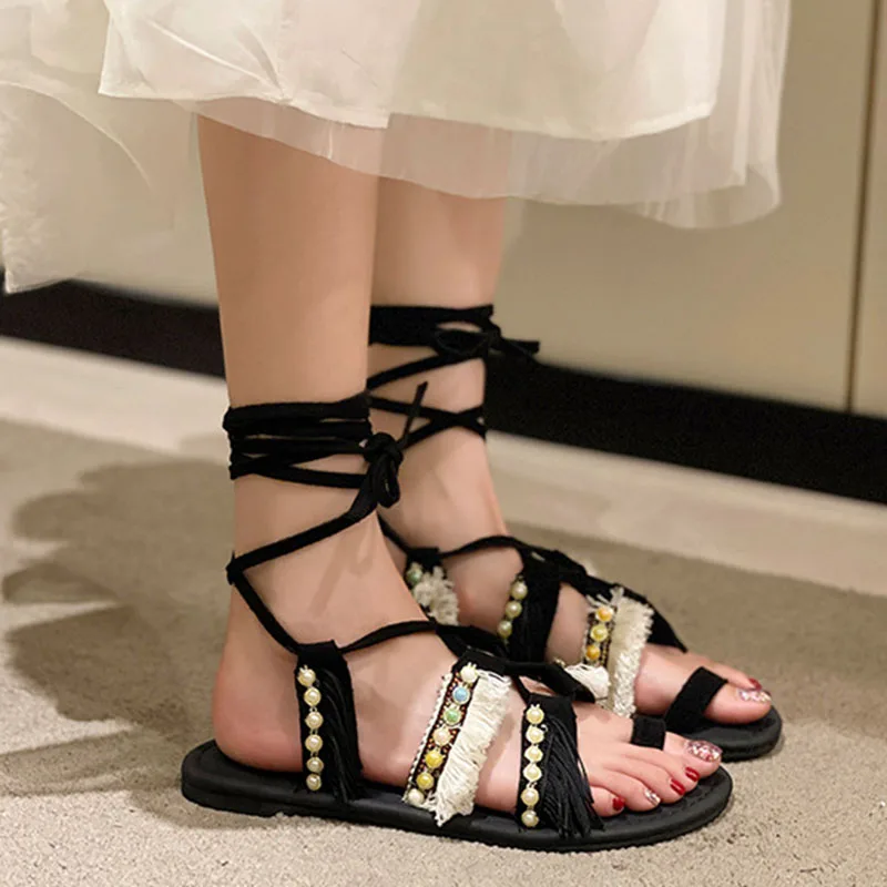 Bohemian Ankle Strappy Women Summer Sandals Color Blocking Flat Bottom Roman Shoes Comfortable Holiday Flip Flops Sandales Femme