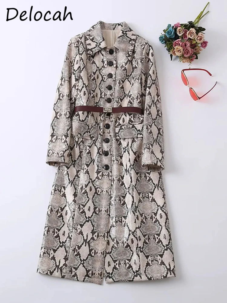 Delocah High Quality Autumn Women Fashion Designer Trench Coats Long Sleeve With Belt Serpentine Print Elegant Coats Overcoat