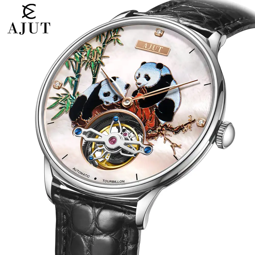 

AJUT Automatic Flying Tourbillon Movement Man Watch Sapphire 3D Printed Panda Dial Self Wind Mechanical Luxury Wristwatch 0346