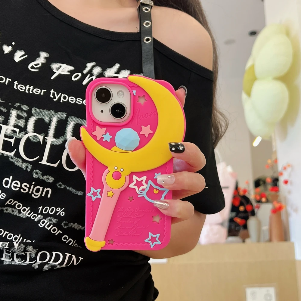 Funda de Silicona Suave 3D Estereoscópica con Diseño de Anime Japonés Sailor Moon y Varita Mágica para iPhone 17 16 15 14 13 Pro Max