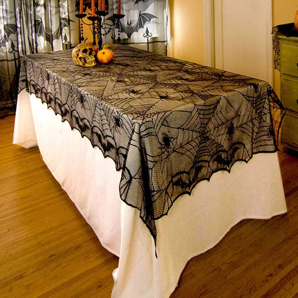 1PC Halloween Ghost Festival Black Spider Web Bat Lace Table Cloth Ghost Festival Table Cloth Decorative Cloth