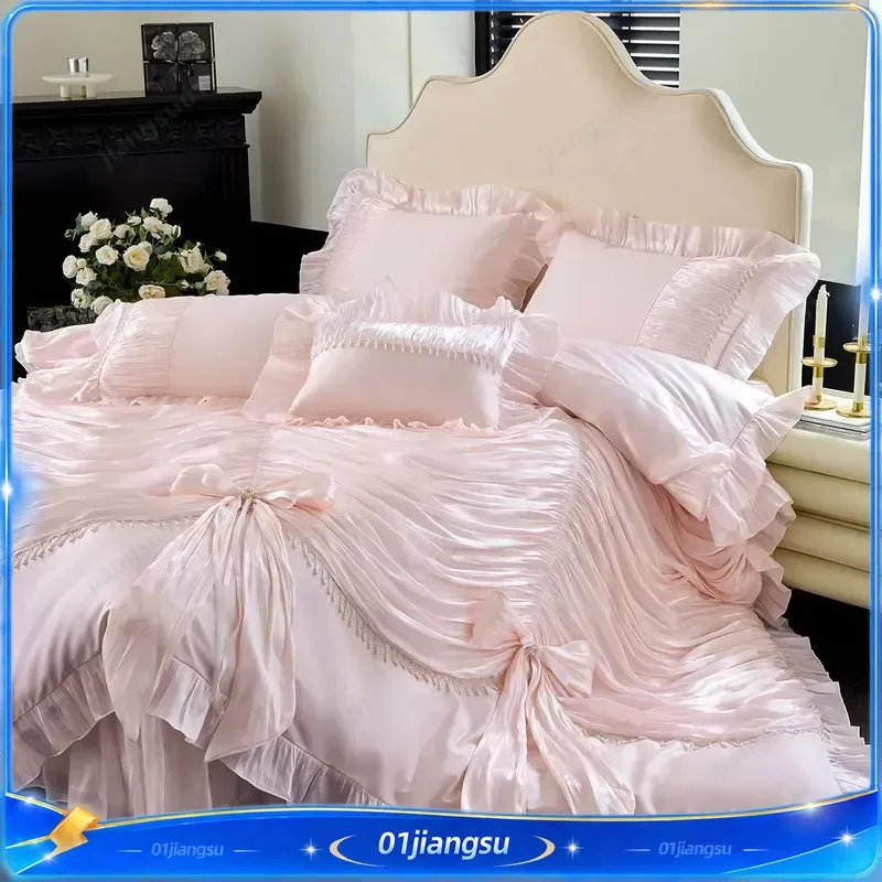 1000TC Egyptian Cotton Bedding Set Vintage French Palace Style Pleated Lace Ruffles Bow Duvet Cover Bed Skirt Pillowcases 4 5