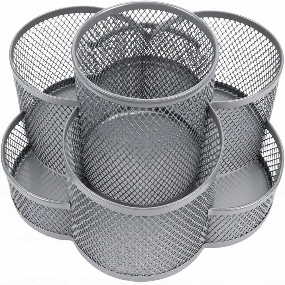Mesh Rotating Pen Holder Multi Grid Cylindrical Mesh Desk Organizer Metal Silver Rotatable Cosmetic Container
