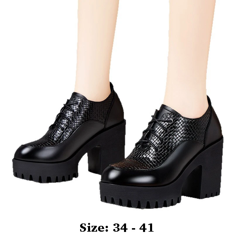 

high quality leather shoe for women 8cm 10cm high heel platform round toe 34 35 41 elegant work autumn winter shoe black