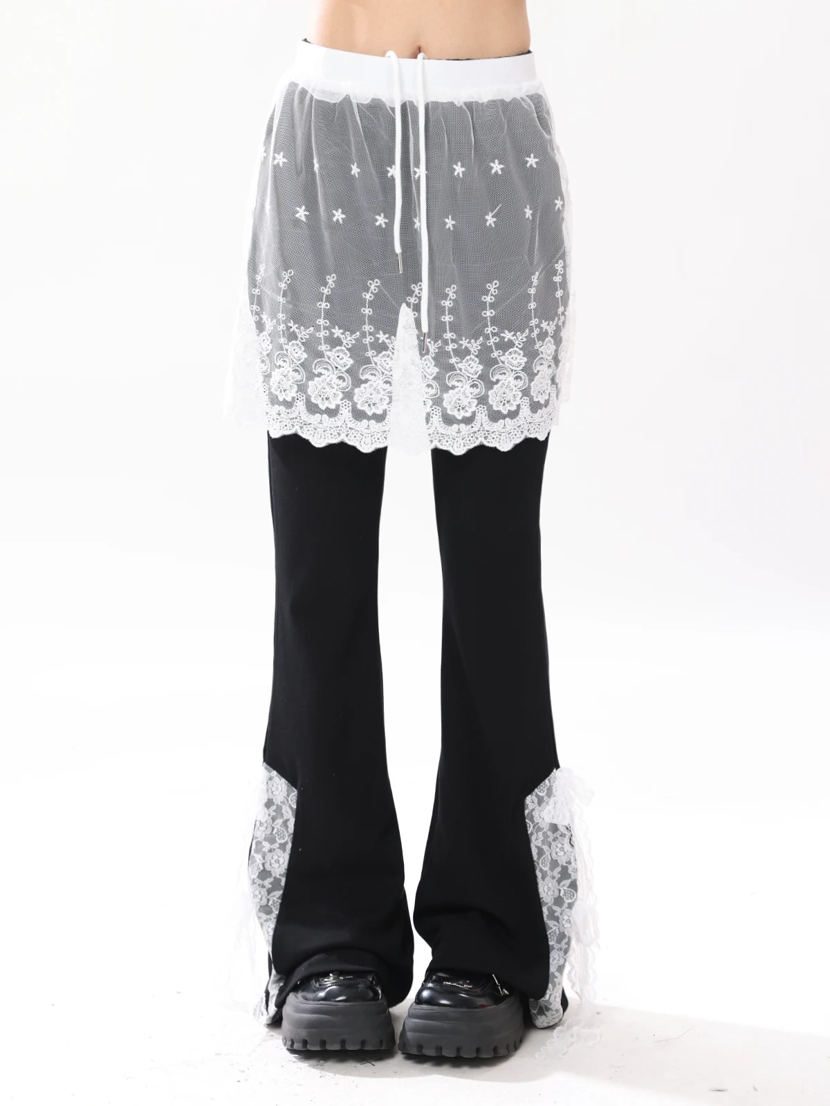 

ENJOG Lace Trim High Waist Wide Leg Pants Women's Casual Sweet And Spicy Design Inteated Cotton Blend Elastic Waist