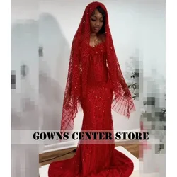 Red Strapless Crystal Beaded Prom Dresses With Head Cover Graduation Prom Party Wedding Mermaid African Customized