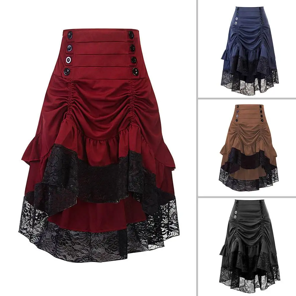 

Retro Lace-Up loween Gothic Sle Midi Skirt Vintage Patchwork f-length Women's Faion Spring Autumn Seasonal Clothing