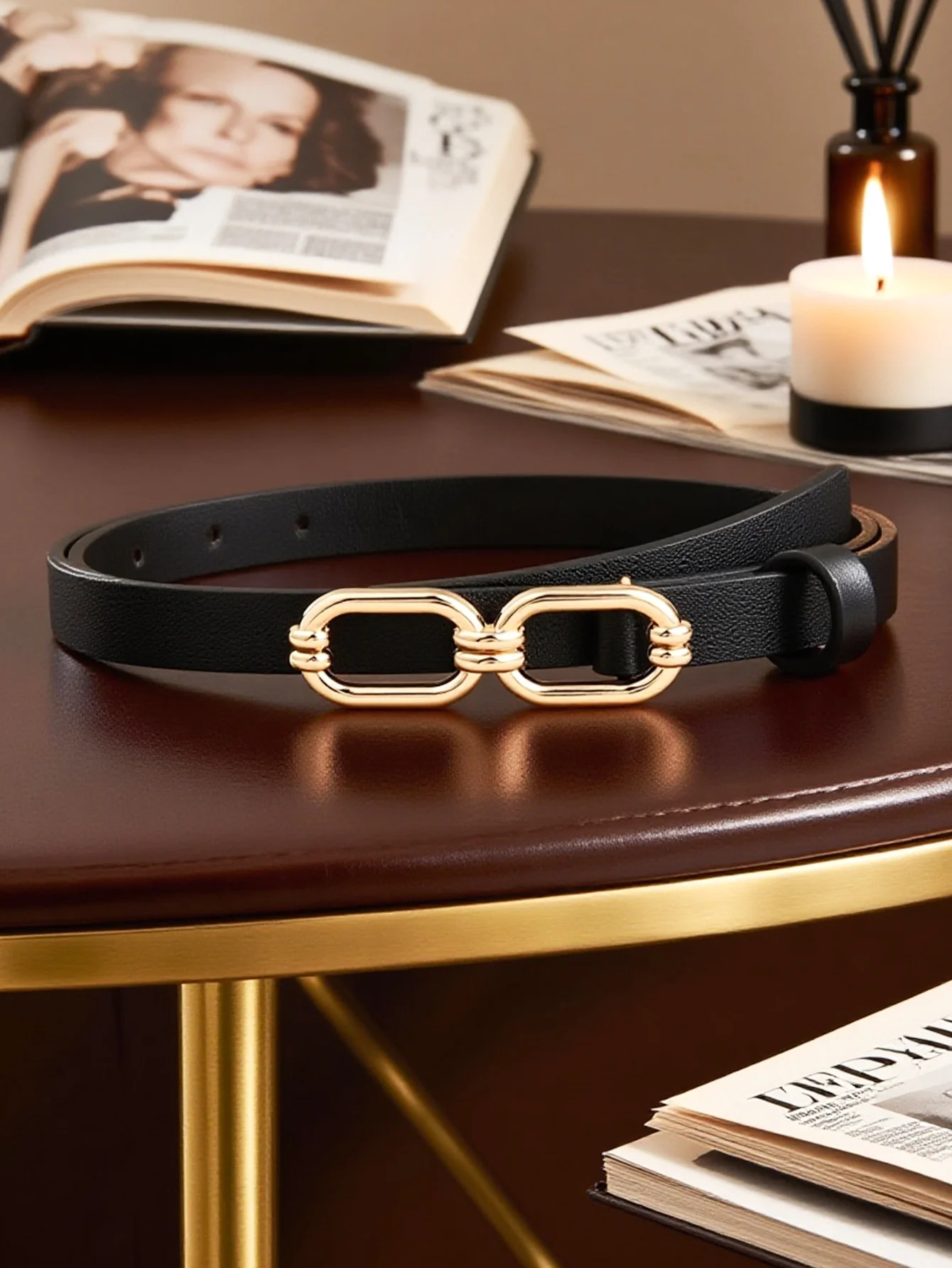 حزام نسائي دائرة مزدوجة مشبك ضغط معدني عالي الجودة حزام جلد PU تصميم فاخر إكسسوارات كلاسيكية حزام ريمين