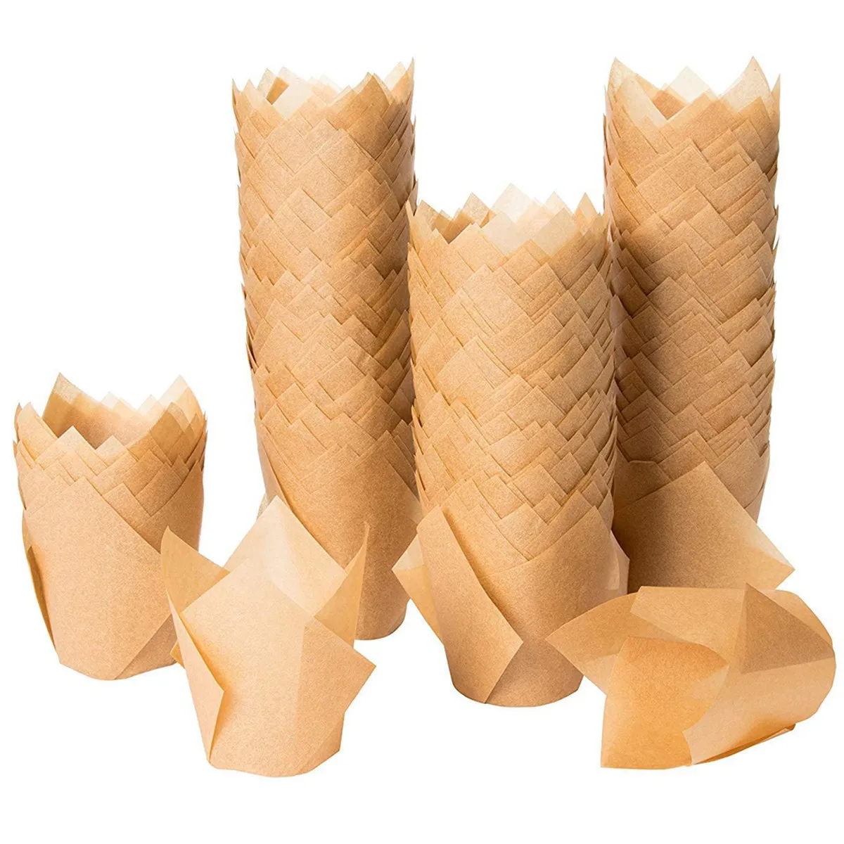 50 braune Kuchen-Pappbecher, Kuchenpapierschalen mit Tulpenflammen, ölbeständige und hochtemperaturbeständige Brot-Snack-Backförmchen