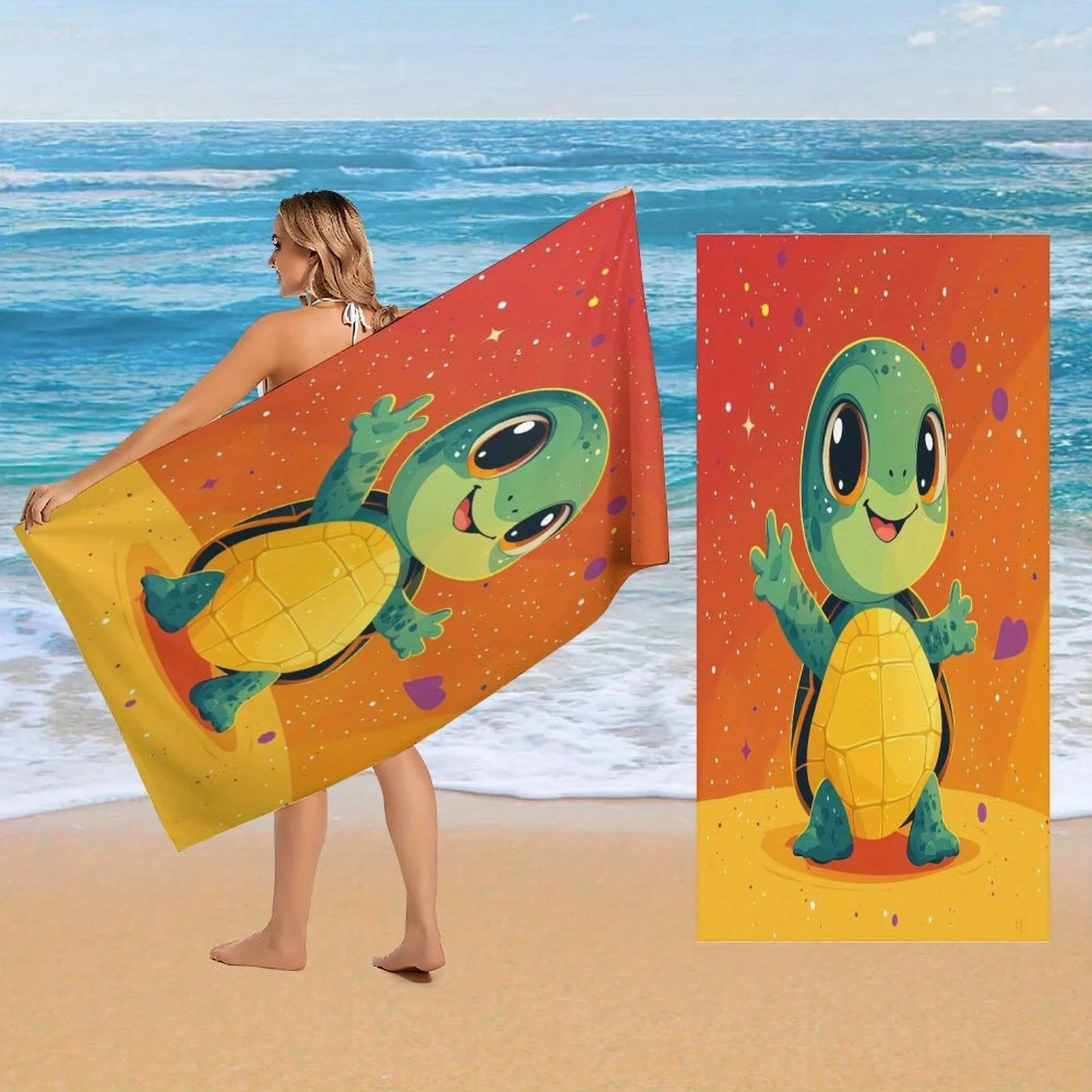 Turtle Space Adventure Themed Beach Towel super Absorbent Quick-Dry Lightweight Microfiber Bath Sport Towel with Vibrant Turtle