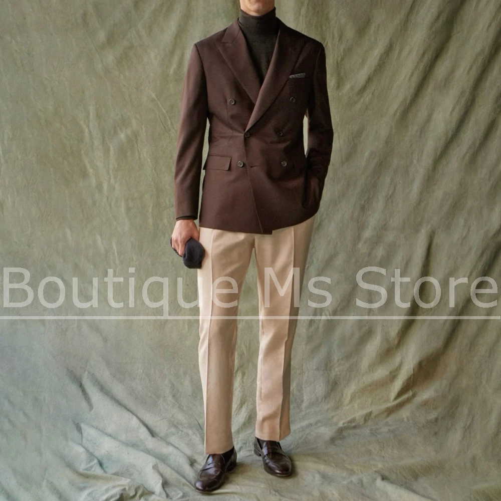 

Men's Suits 2 Piece Brown Double Breasted Blazer with Beige Pants Smart Casual Party Wedding Tuxedos Fashion Slim Male Suit