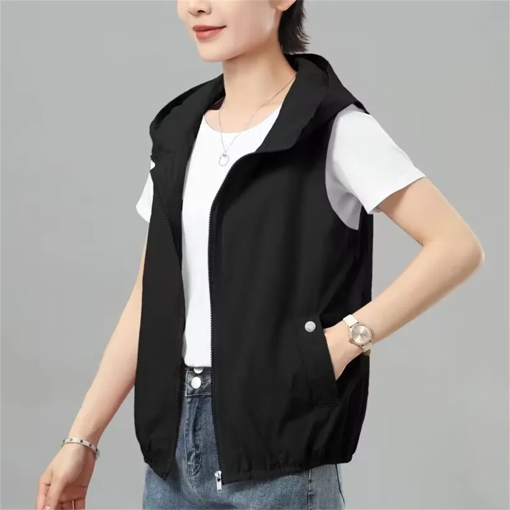 여성용 후드 자외선 차단 조끼, 용수철 여름 캐주얼 민소매 얇은 조끼 재킷, 짧은 숙녀 탑 아우터, 2024 신상