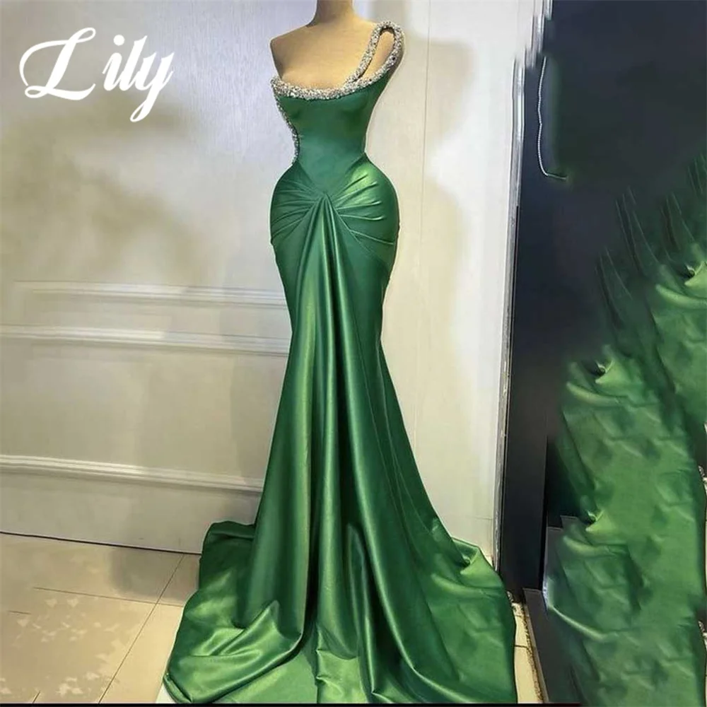 

Lily Simple Green Evening Gown Trumpet Sequin Prom Dress One Shoulder Sleeveless Evening Dress with Pleats Satin robes de soirée