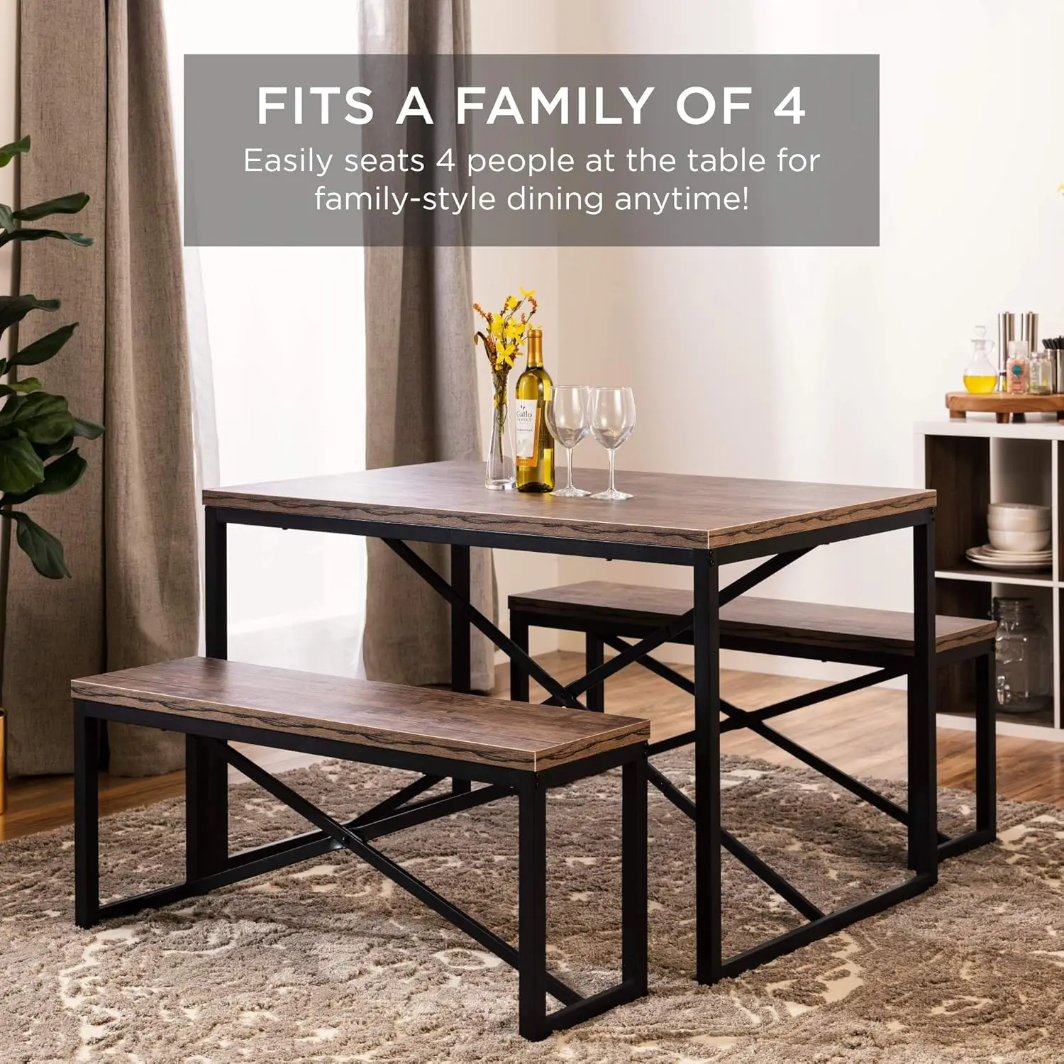 Best Choice Products 45.5in 3-Piece Bench Style Dining Furniture Set, 4-Person Space-Saving Dinette for Kitchen, Dining Room w/