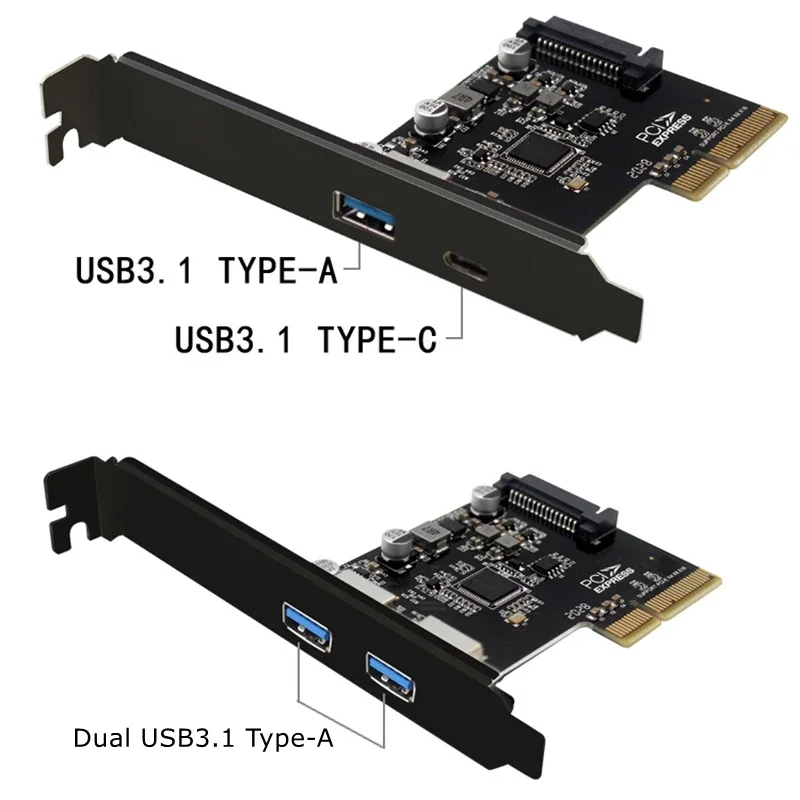 USB 3.1 PCI Express Riser 10Gbps USB3.1 Type-C Type-A ثنائي المنفذ USB 3.1 PCI-e تحكم USB3 Pcie X4 محول بطاقة توسيع