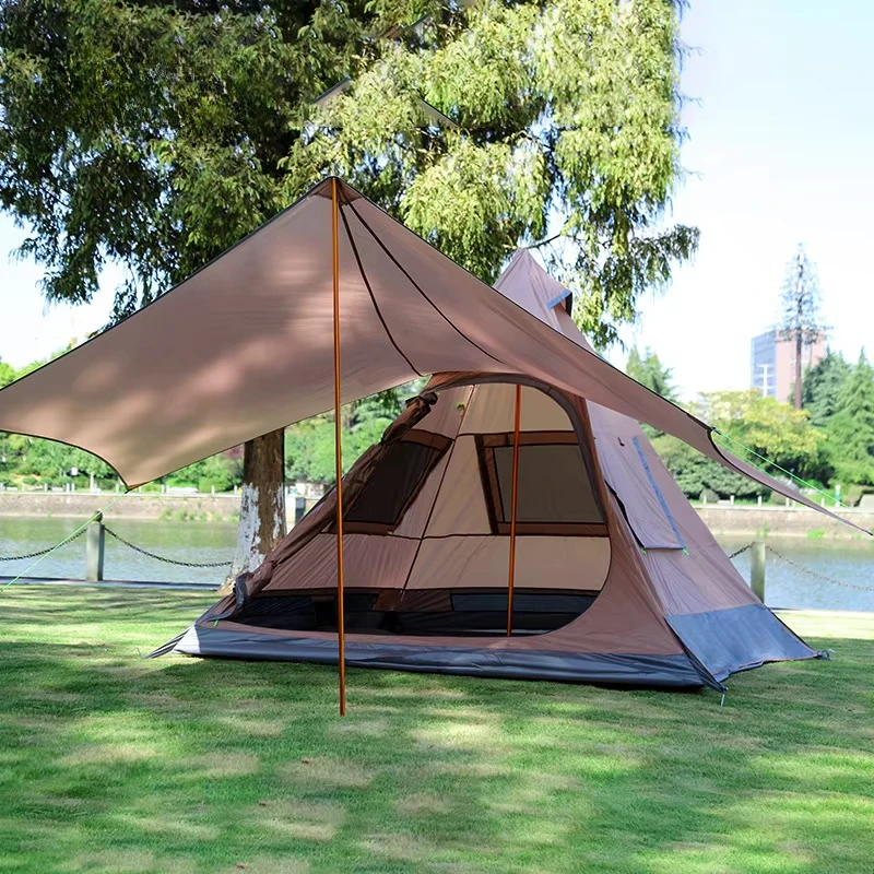 210D Oxford al aire libre pirámide india Oxford impermeable 3-4 personas dosel plegable a prueba de viento resistente a los rayos UV tienda de campaña con Awaing
