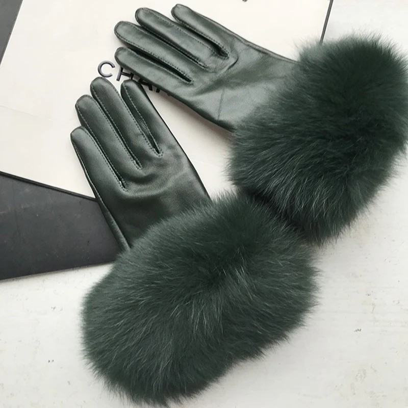 Dark Green Sheepskin Gloves Elegant Soft Real Leather Windproof Warm For Women Fluffy Big Fox Fur Lambskin Gloves Drive Outdoor