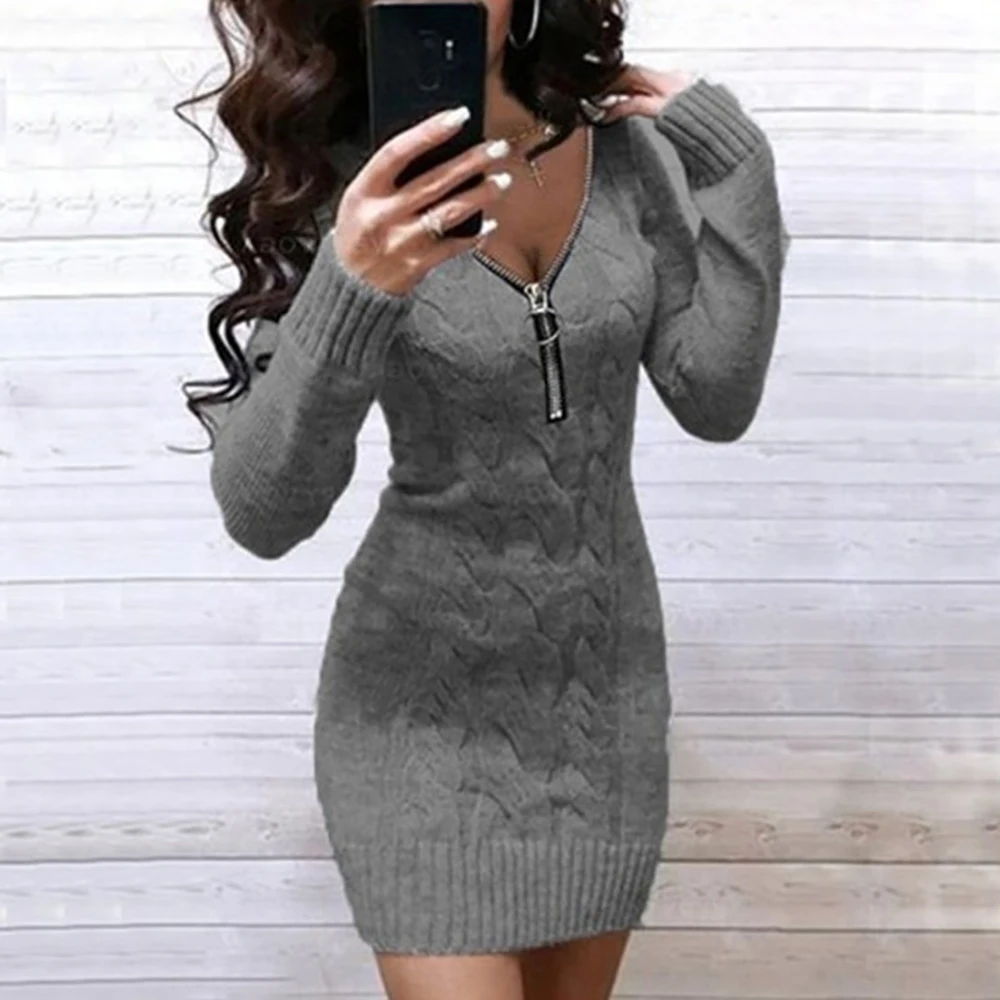 Women Sexy Slim Fit Knitted Sweater Dress Spring New V-neck Zip Long Sleeve Pullover Jumper Solid Casual Lady Mini Party Dresses