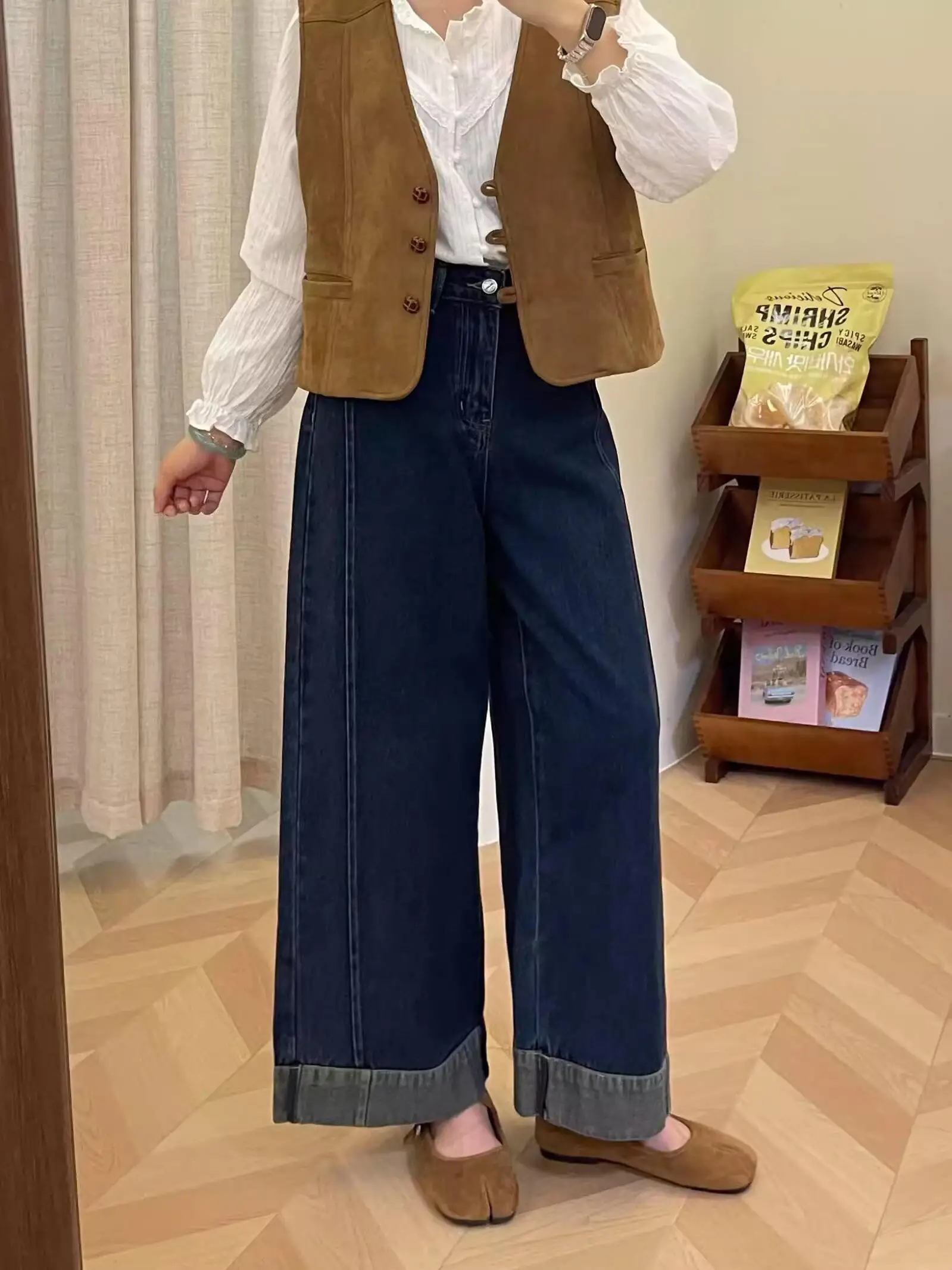 Amerikaanse Sle hoge taille wijde pijpen jeans dames losse pasvorm herfst winter plus maat afslankende rechte negendelige broek