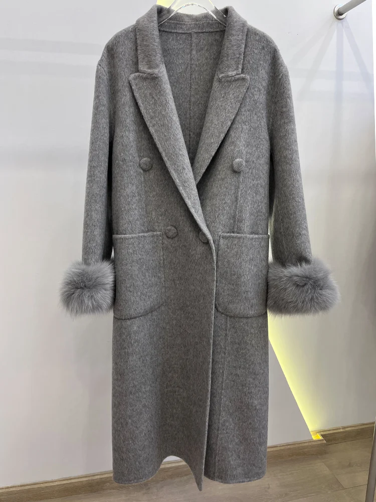 Damski długi, gruby, ciepły płaszcz zimowy z wełny z naturalnym futrem z lisa na mankietach, luksusowa kurtka wierzchnia w stylu streetwear, 2025