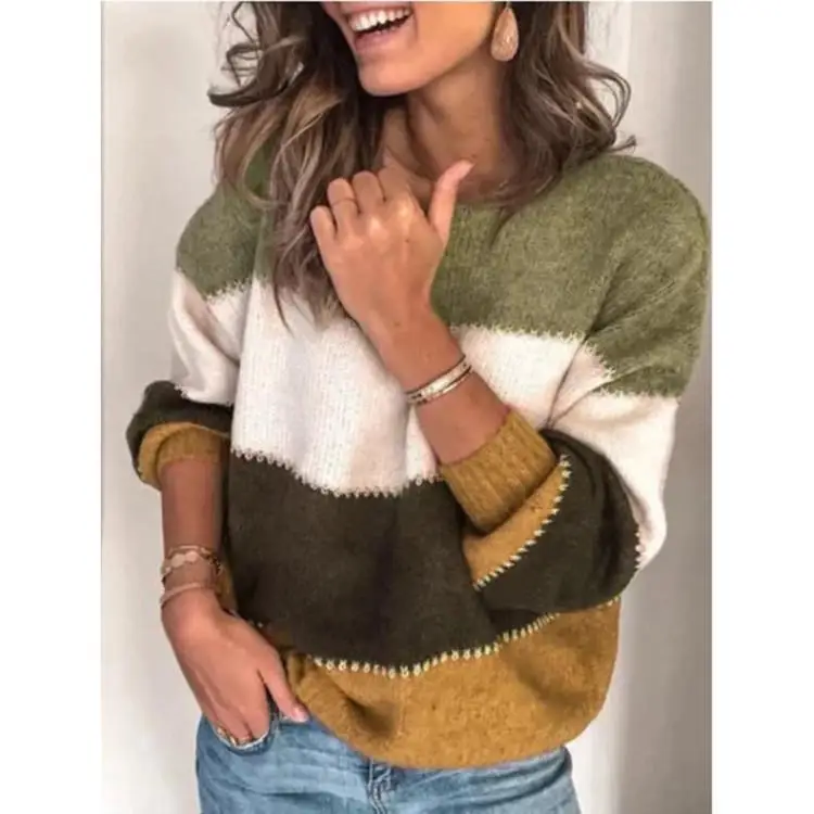 

Casual Color round Stitching Women's Knitted Sweater Long Sve Cosplay Costume Clothing Available in Sto No Brand Registered