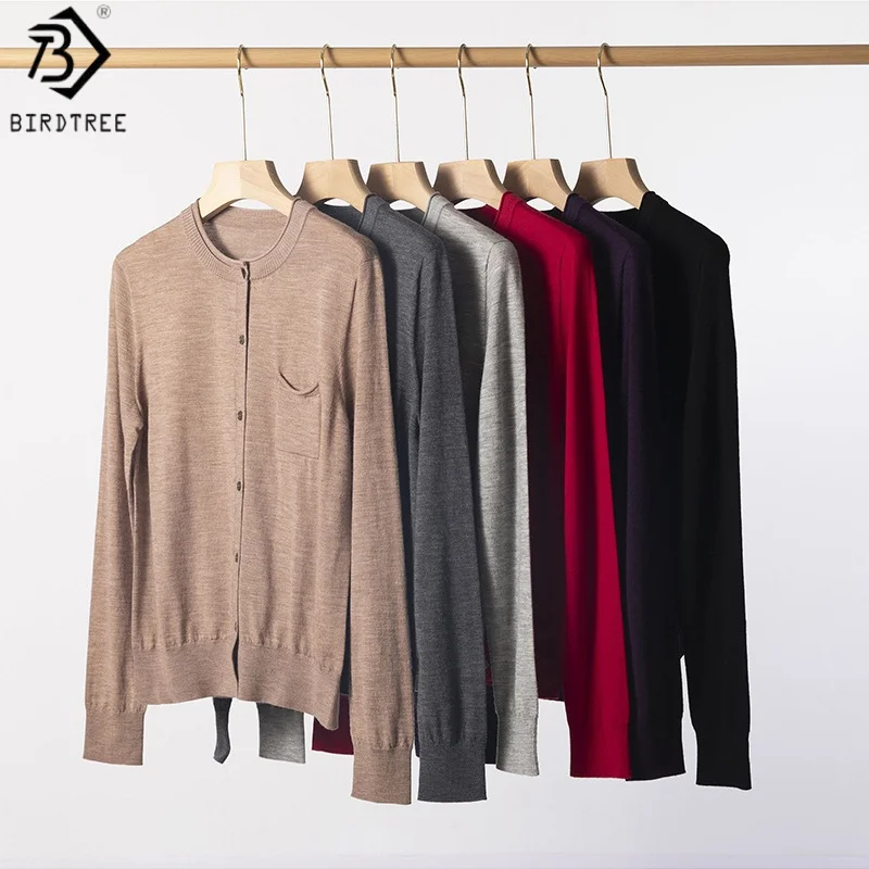 

Birdtree 70% овечья шерсть 30% кашемировый вязаный кардиган, женский шерстяной кашемировый кардиган с 18 иглами, осеннее однобортное пальто T59317JF