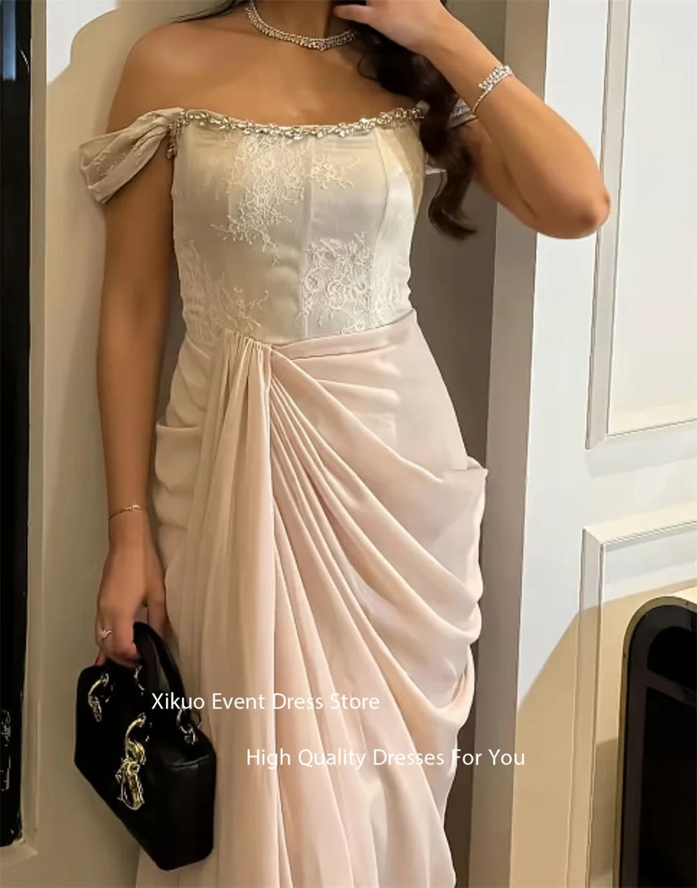 Xikuo オフショルダーマーメイドイブニングドレスフロアレングス高品質パーティードレスプリーツシャーリング Vestidos デ フィエスタカスタマイズ