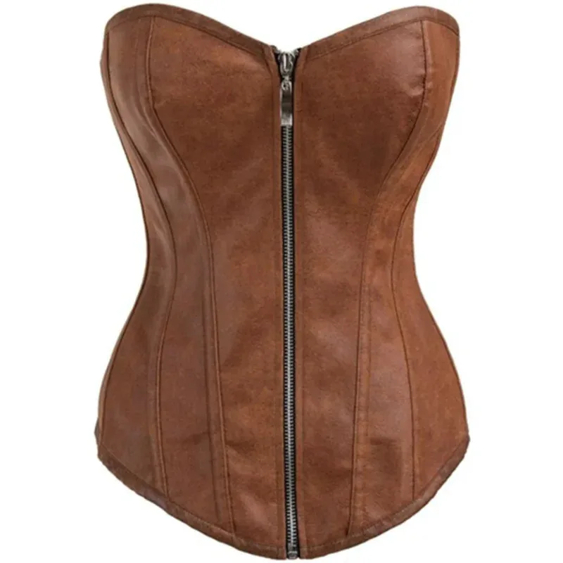 

Luxurious Zipper Gothic Clothing Sexy Brown Bone Steampunk Overbust Women Faux Leather Corsets And Bustiers RQ86255;c,6's.2;b'8