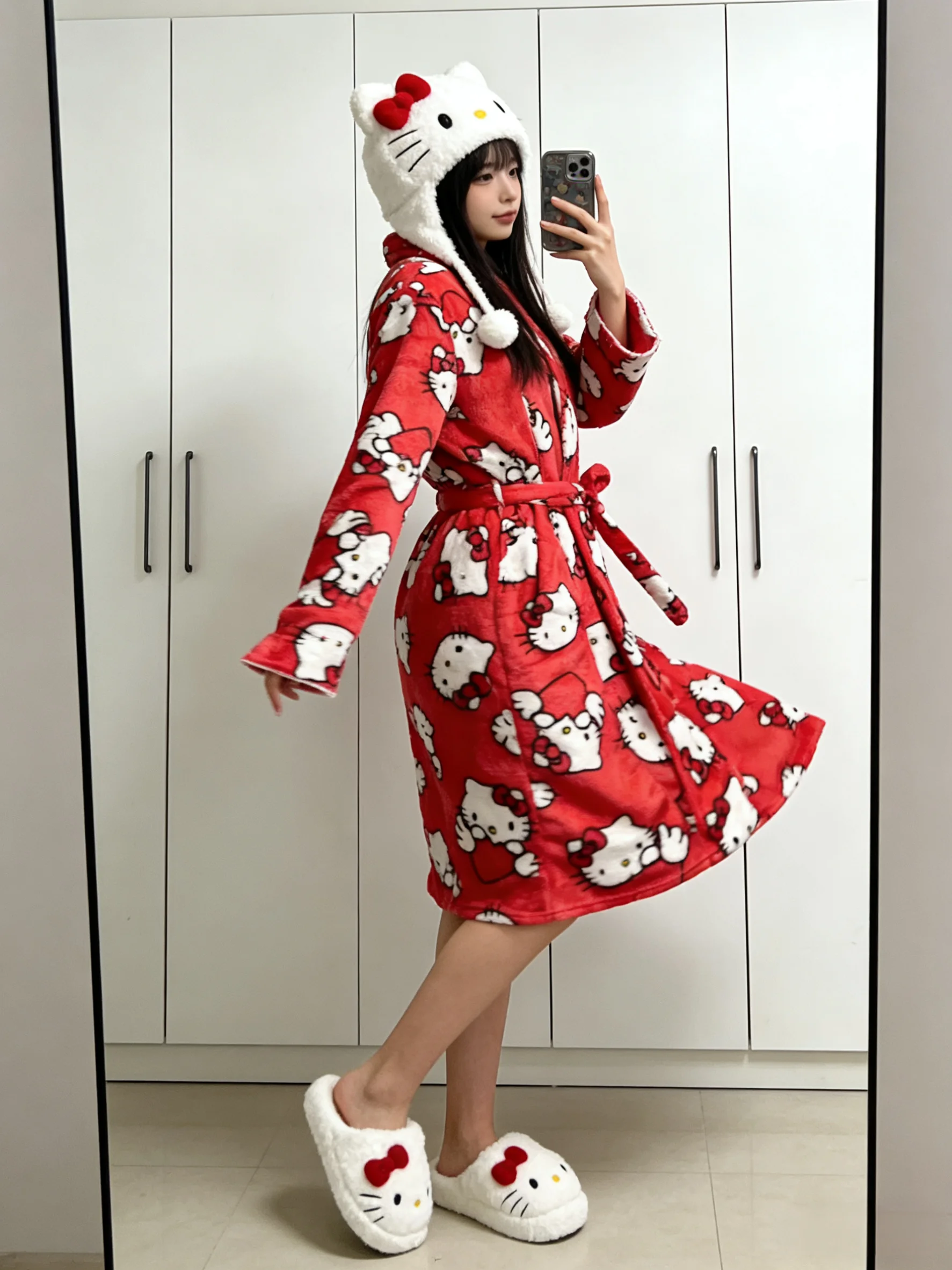 Hello Kitty flannel red bathrobe, cute cartoon anime Y2K, creative gift, best friend outfit, theme party outfit