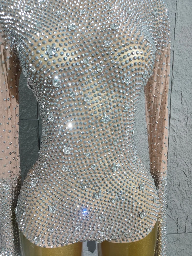 2025 Sparkly Silver Rhinestones Leotard Women Sexy Dance Bodysuit Performance Birthday Nightclub Party Outfit Show Stage Wear