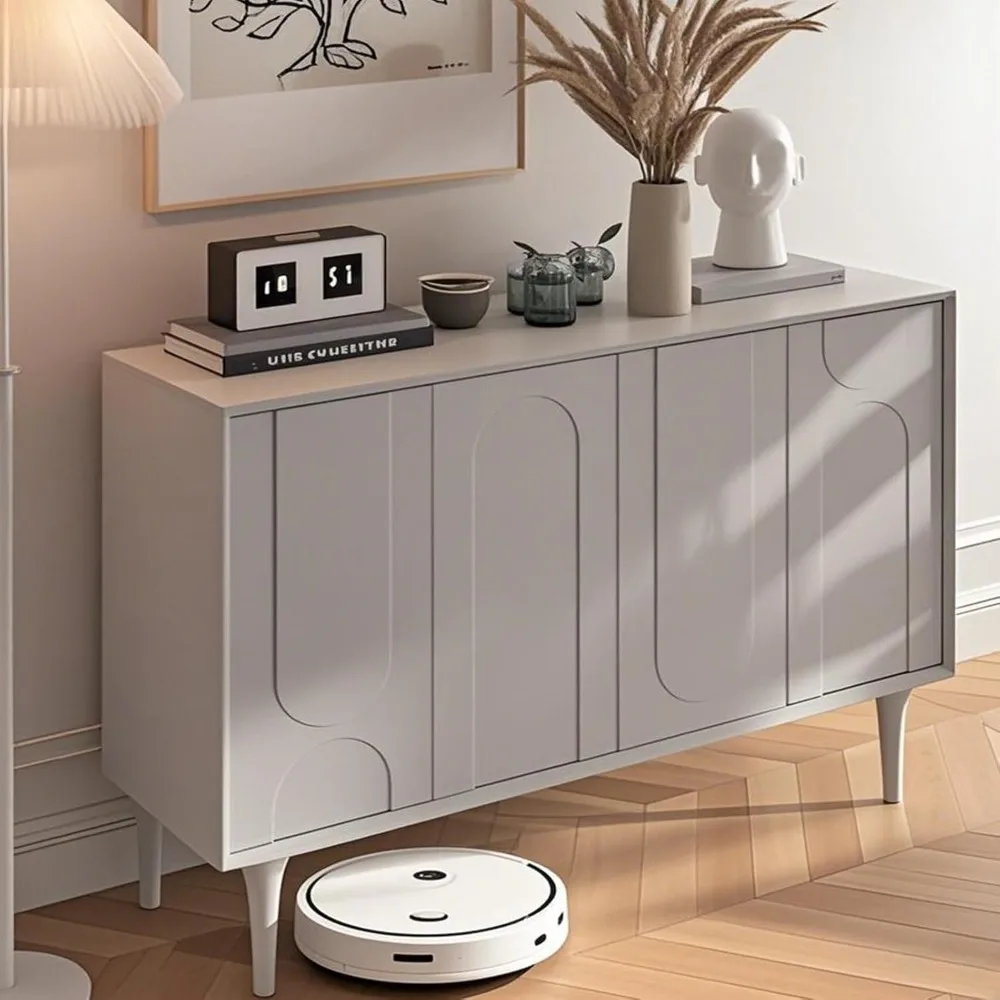 

Sideboard Buffet Cabinet, Accent Cabinets with 4 Doors, Modern Wood Cabinet with Adjustable Shelves and Decorative Lines Panel