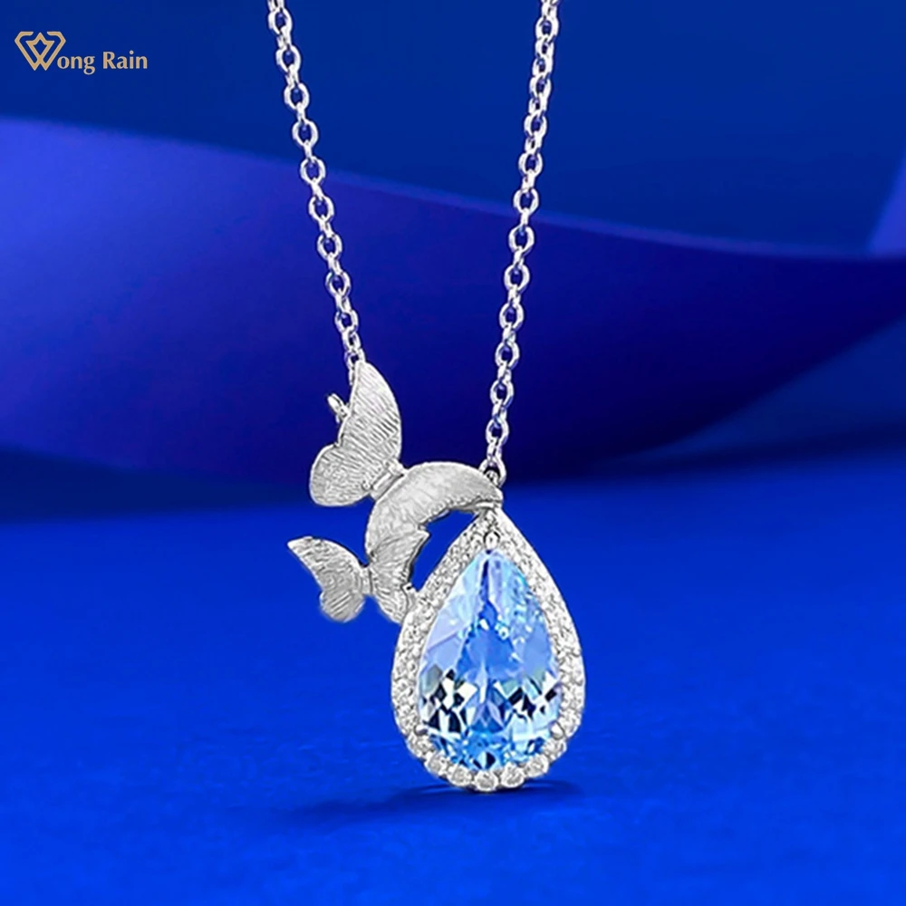 

Wong Rain 100% 925 Sterling Silver Pear Cut 7*11 MM Blue Topaz High Carbon Diamond Gems Pendant Necklace Fine Jewelry Wholesale