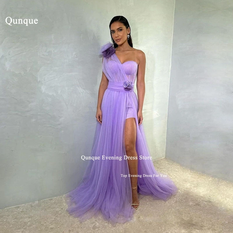 

Qunque Overskirt A-line Evening Dress One Shoulder Long Tulle Pleated Prom Dresses With Flowers Split Party Vestidos De Noche