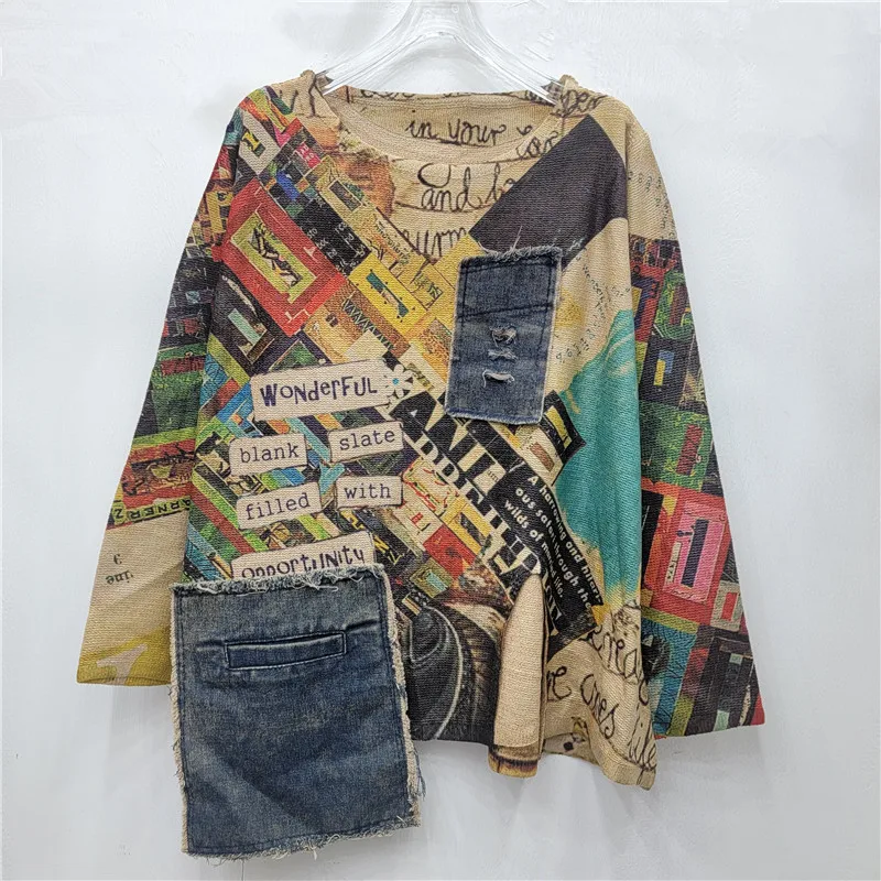 

SuperAen Fashion Printed Letter 2026 Autumn New Fashion Pullover Patchwork Asymmetrical Denim Loose Casual High Street Tops