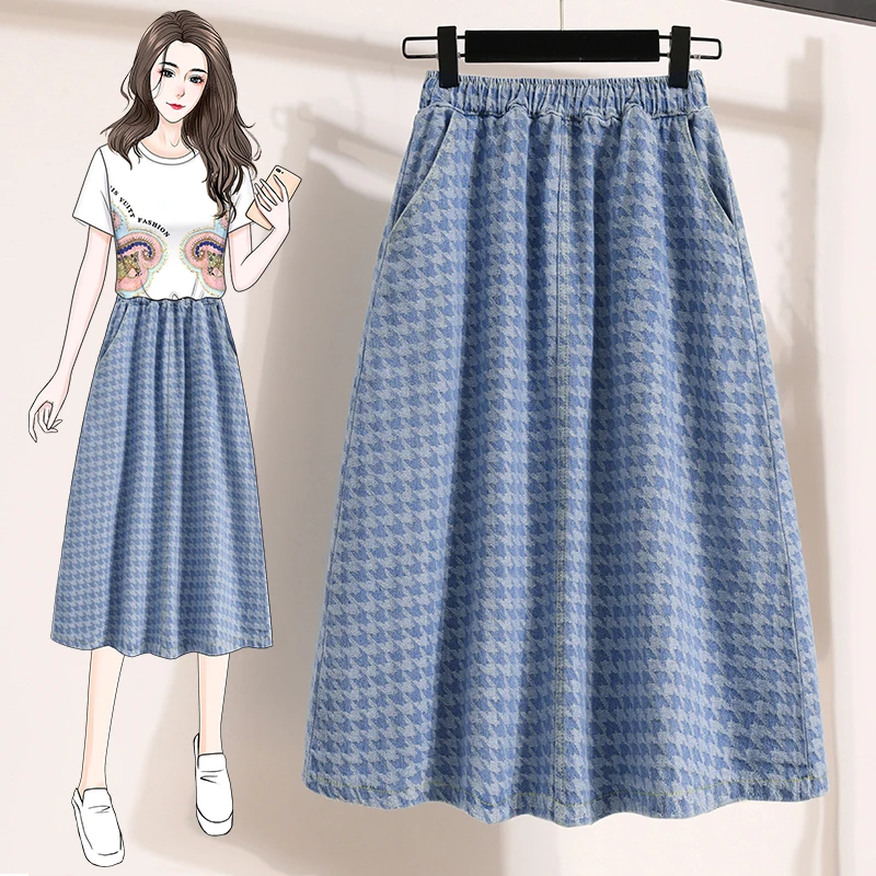 

Женская джинсовая юбка с вышивкой на талии, плиссированные миди, осенние длинные юбки с высокой талией, модные универсальные юбки трапециевидной формы