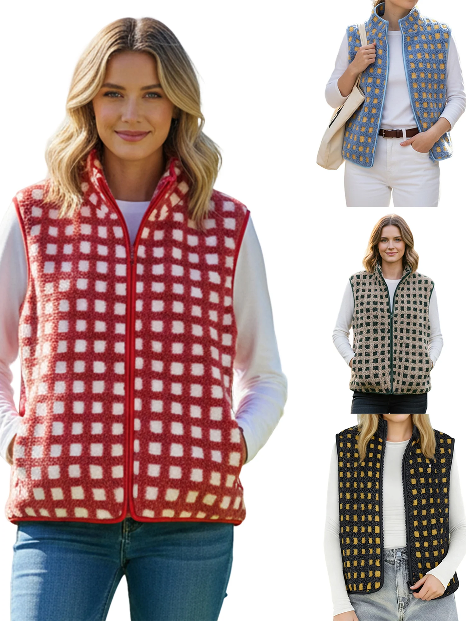 

Ladies Plaid Sherpa Vest with Zipper Closure and Stand Collar Sleeveless Winter Outwear for Warmth and Style