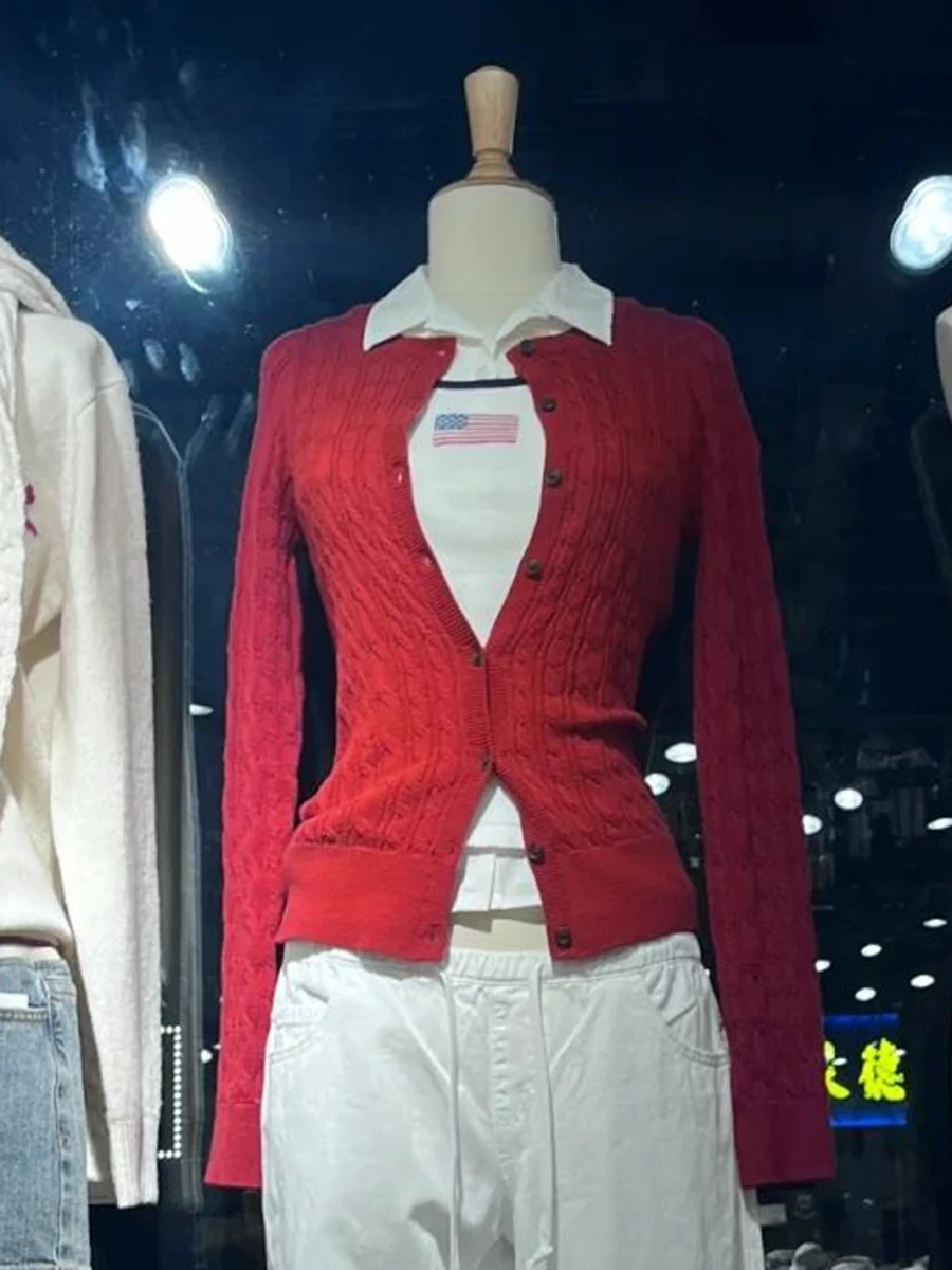 

Twist Flower Red Slim Cardigan Sweater Woman Spring O-Neck Single Breasted Long Sleeve Knitwear Sweet Preppy Style Sweaters Coat