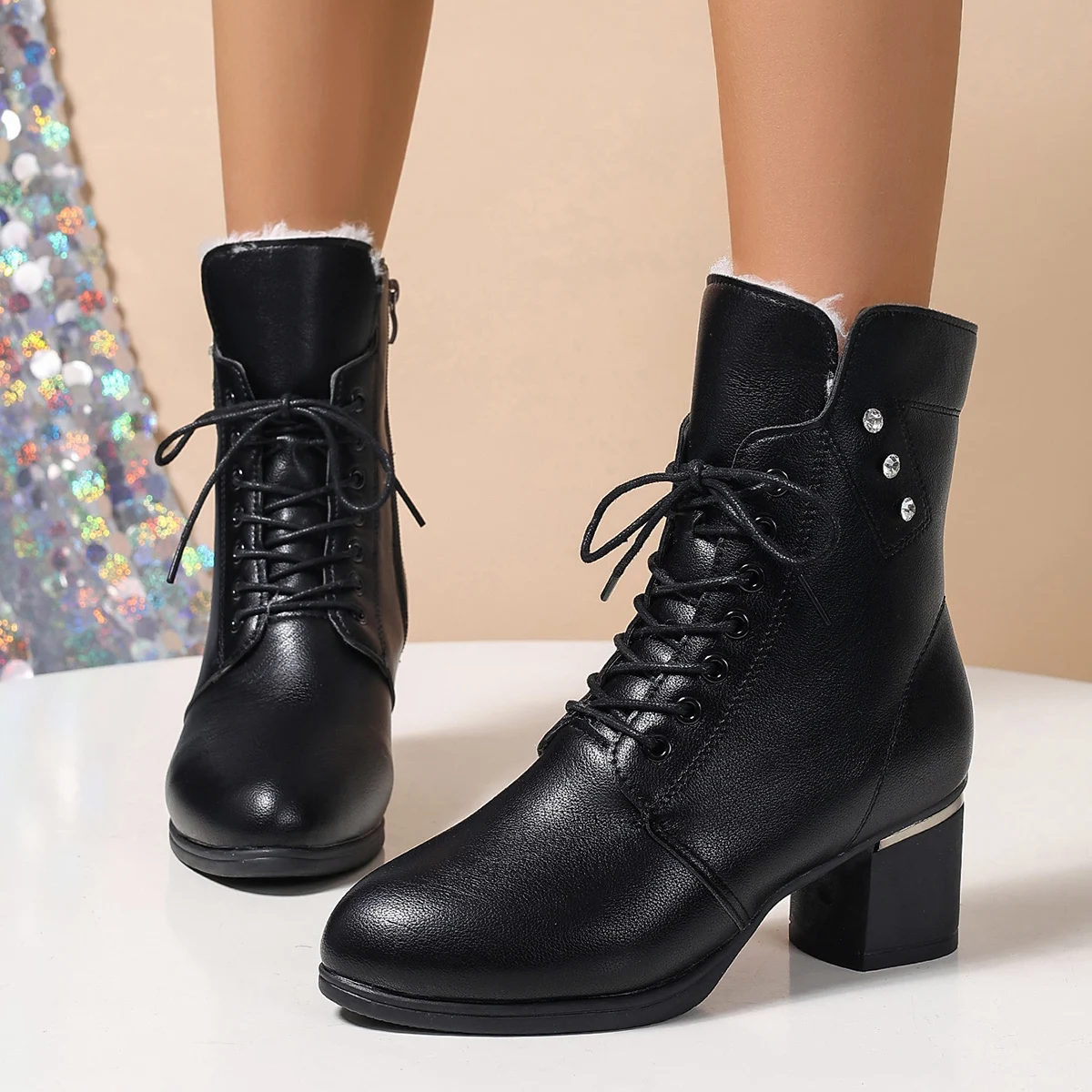 Winter 2024 Women's High Heels Long Plush Warm Ankle Boots Plus Size 42 Thick Square Heeled Motorcycle Boots Woman Shoes Short