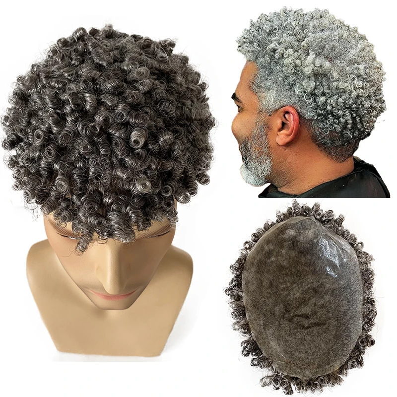 Substituição brasileira do cabelo humano da virgem para homens, nós cinzentos da pele, peruca do plutônio, onda 10mm, 1b50, 8x10, unidade para homens pretos velhos