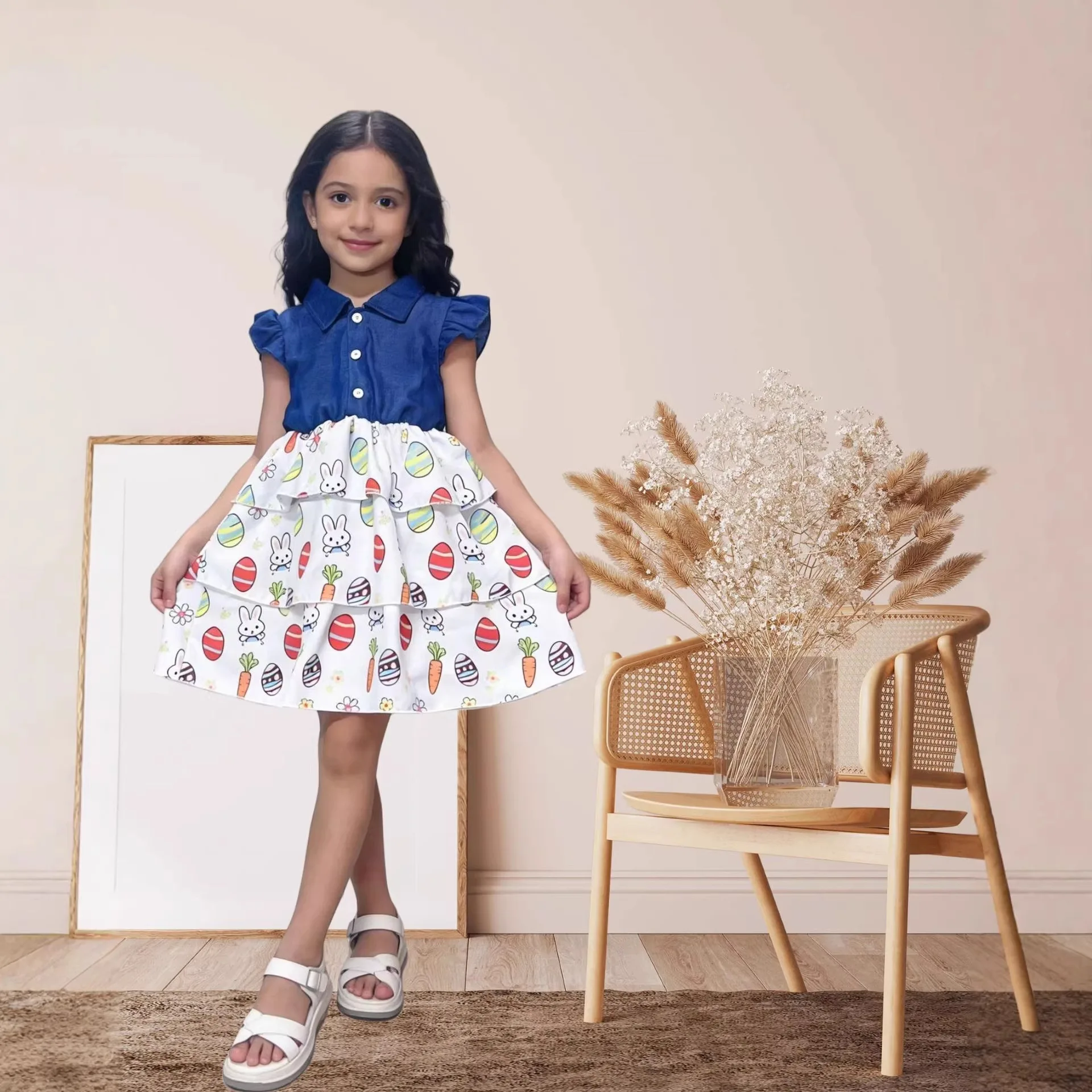 Baby Girls Cute Printed Cake Dress 2026 New Children Casual Summer Dresses Princess Denim Shirt Stitching Multi-Layered Dress