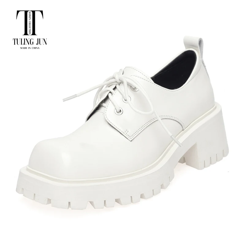 

TULING JUN Spring Autumn 2023 Female Loafers Chunky High Heel Square Toe Single Shoe Casual Lacing Pumps For Women