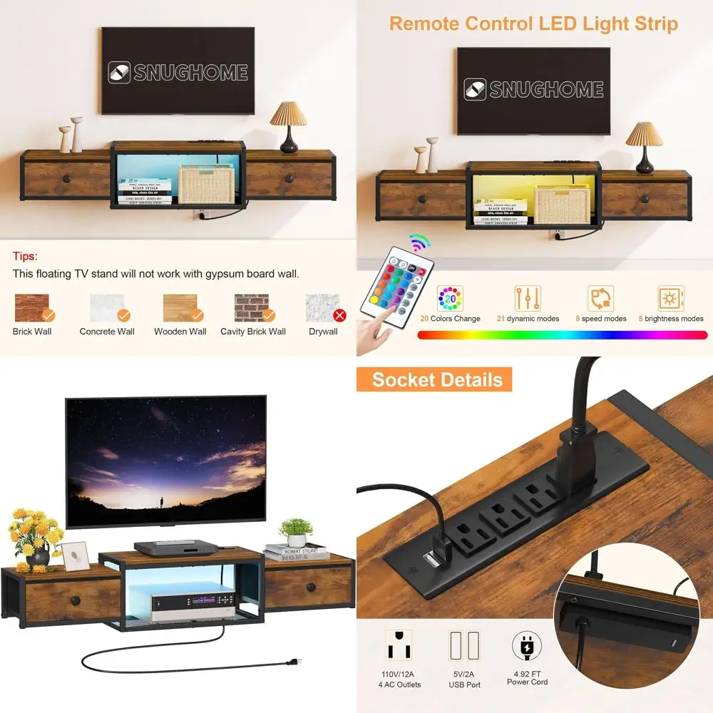 

55 Floating TV Stand with Drawers, LED-lit Wall-Mounted Entertainment Center for Living & Bedroom