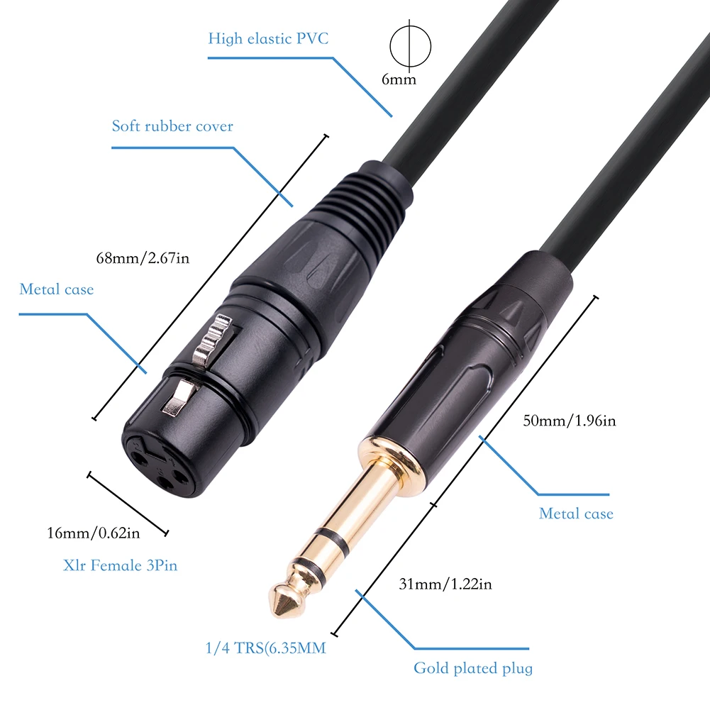 High Quality Mic Patch Cable Cable Male To Female High Performance Noise Balanced 1/4 Inch 1pcs Connector 90/110/165/210/405g