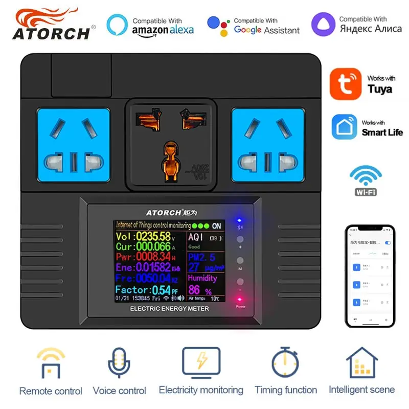 atorch monitor de eletricidade de energia wifi soquete inteligente controle de voz aplicativo tuya smart life alexa google home 16a ac85265v 01