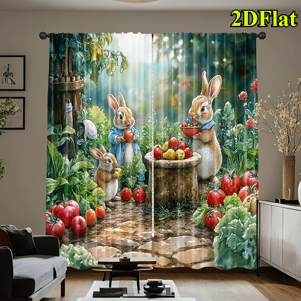 2pcs Rabbit Garden Curtains Vegetable Harvest Print Drape Farmhouse Kitchen Window Treatment Cute Animal Home Decor Panels