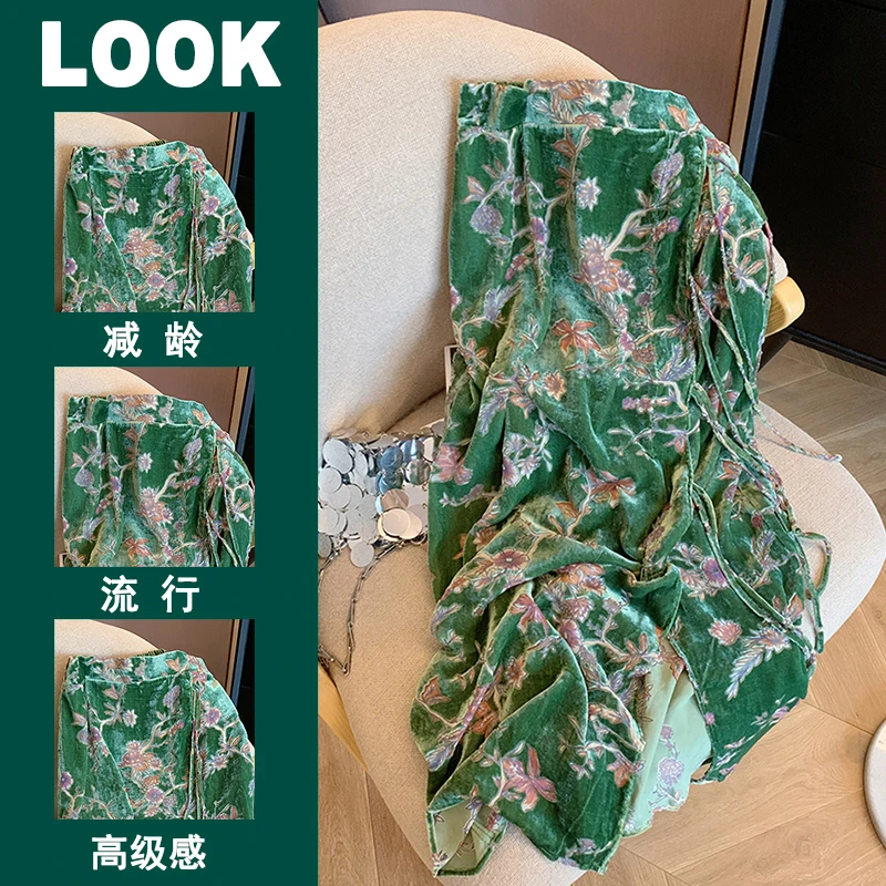 Spring Fall Women High Waisted Floral Pattern Velvet Green Skirt , Woman Clothing Vintage Flower Placket  Velour Mid Calf Skirts