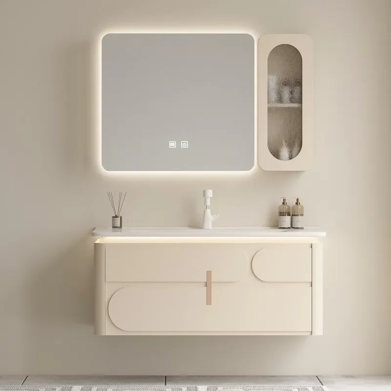 Khaki Europe New Trending 18MM PVC High-end Wall Mounted Bathroom Cabinet Wash Basin Wall Hung Smart Mirror Bathroom Vanity