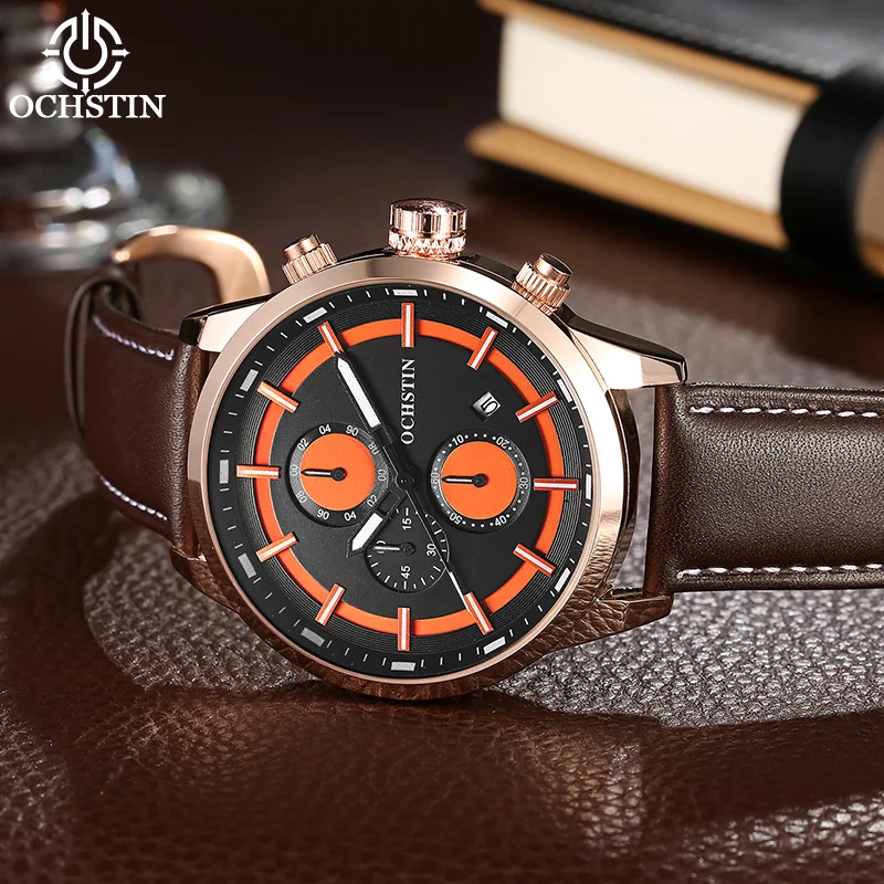 OCHSTIN Man Calendar Model Legend Series Watch Men Multi-function Quartz Genuine Leather Strap Waterproof Fashion Casual Clock