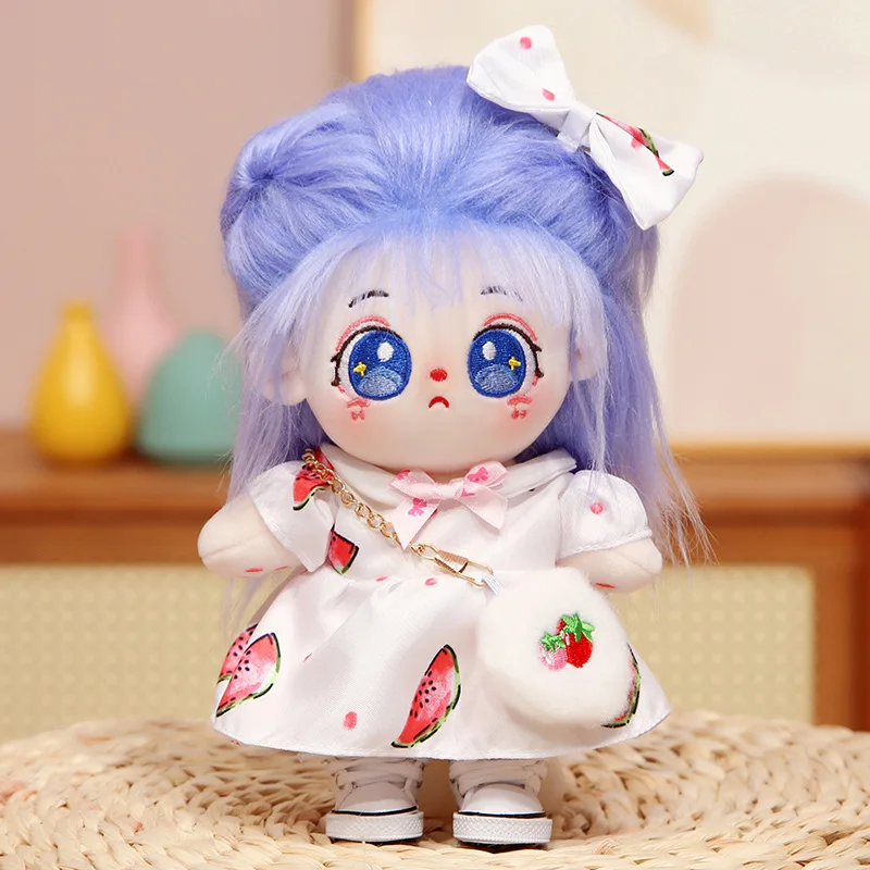 20cm Cute Purple Hair Girls Pink Dress with Bag Suit Plush Doll Kawaii Stuffed Customization Figure Dolls DIY Clothes Accessory